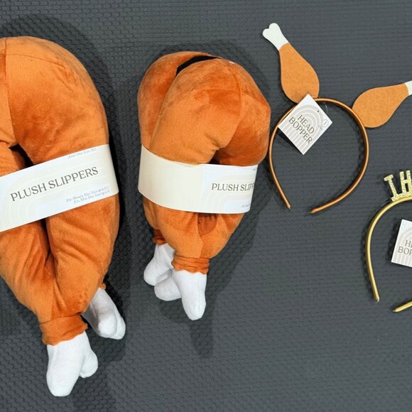 Thanksgiving Turkey Leg Plush Slippers (Adult & Youth Sizes) + Festive Headbands - Picture 2 of 7